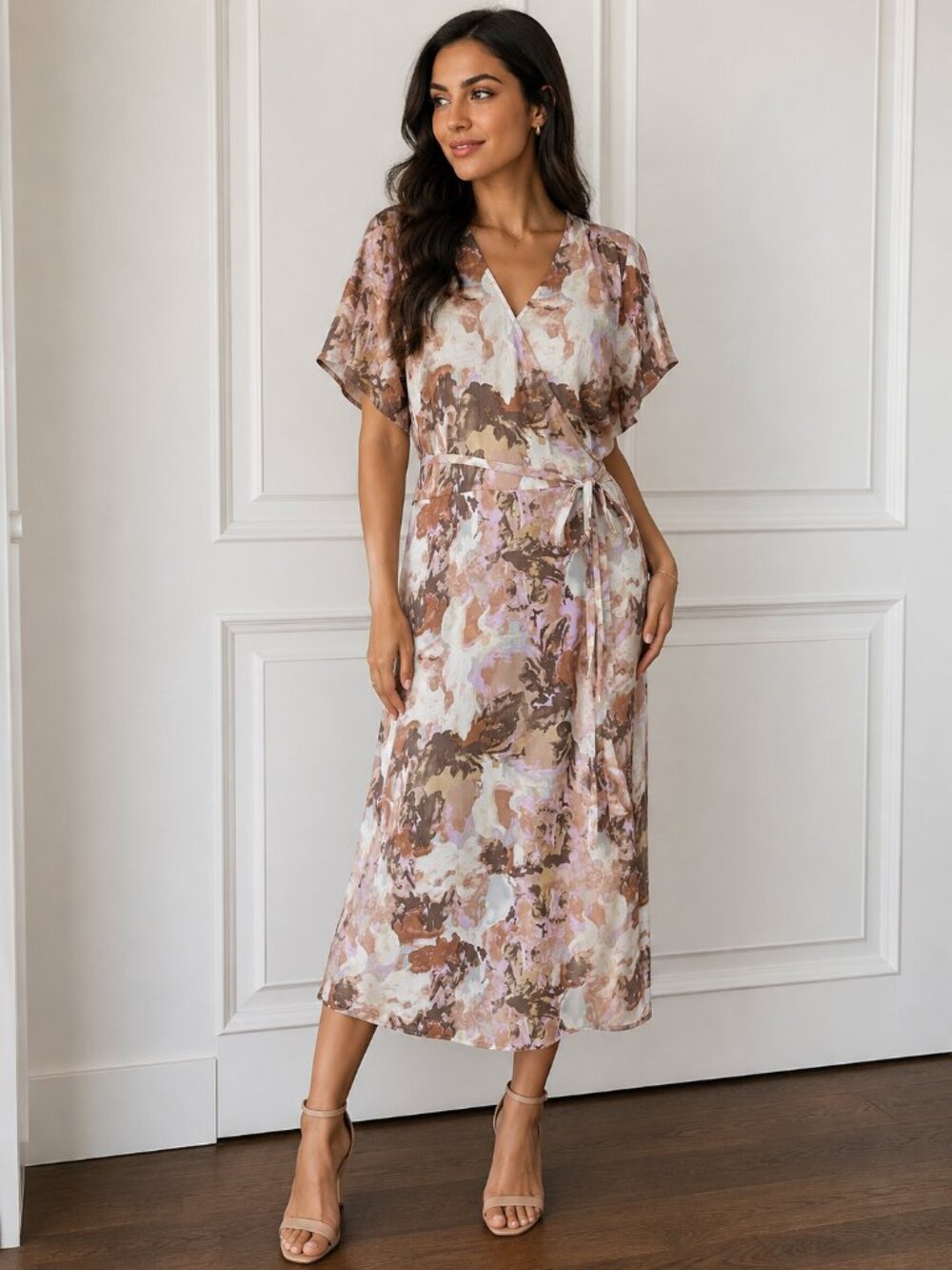 Halogen Short Sleeve Midi V-Neck Beige-Purple Wax Paint Wrap Dress XXL